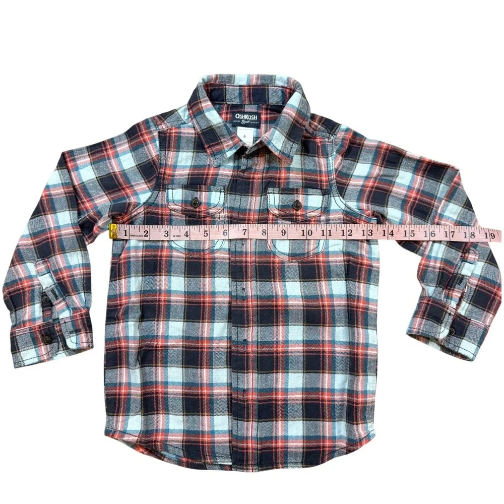 OshKosh Bgosh Boys Plaid Flannel‎ Button Down Shirt Orange Blue Size 6 31372311
